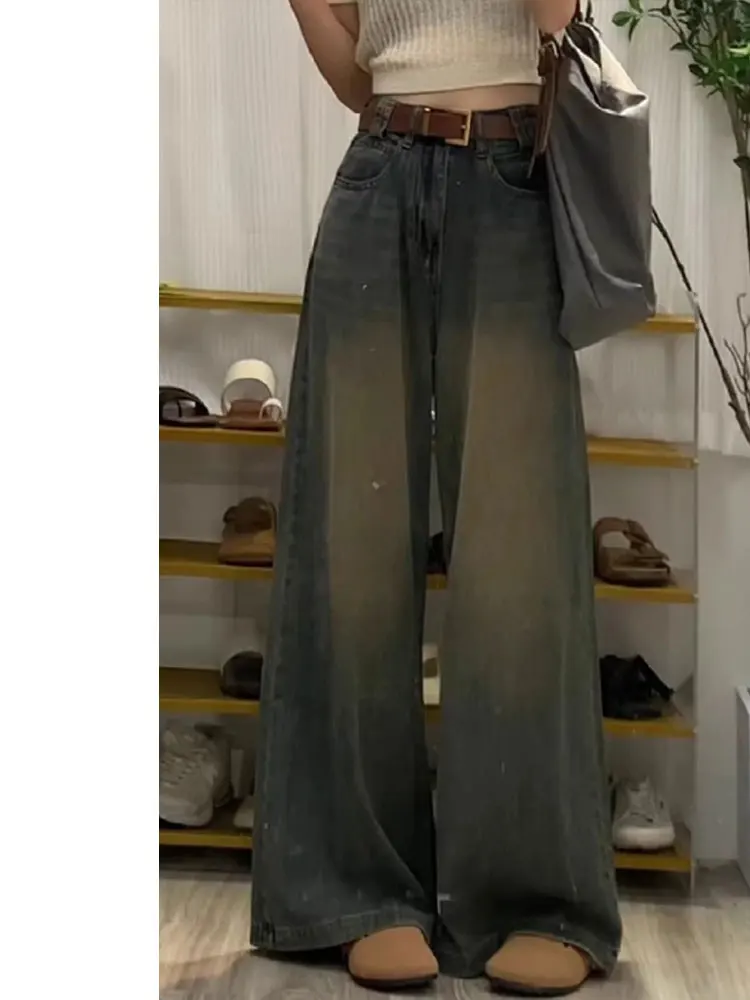 

plus Size American High Street Wide Leg Jeans Women's Vintage Drapey Slimming Loose High Waist Straight Cut Floor-Length Pants