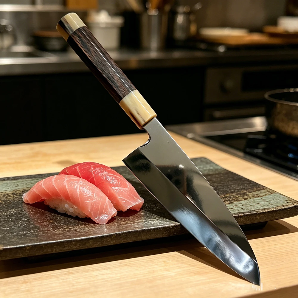 8.3 inch Deba Knife Single-edged Blade VG-10 Steel Slicing Cleaver Cutting Handmade Forged Kitchen Knife Ox Horn & Ebony Handle