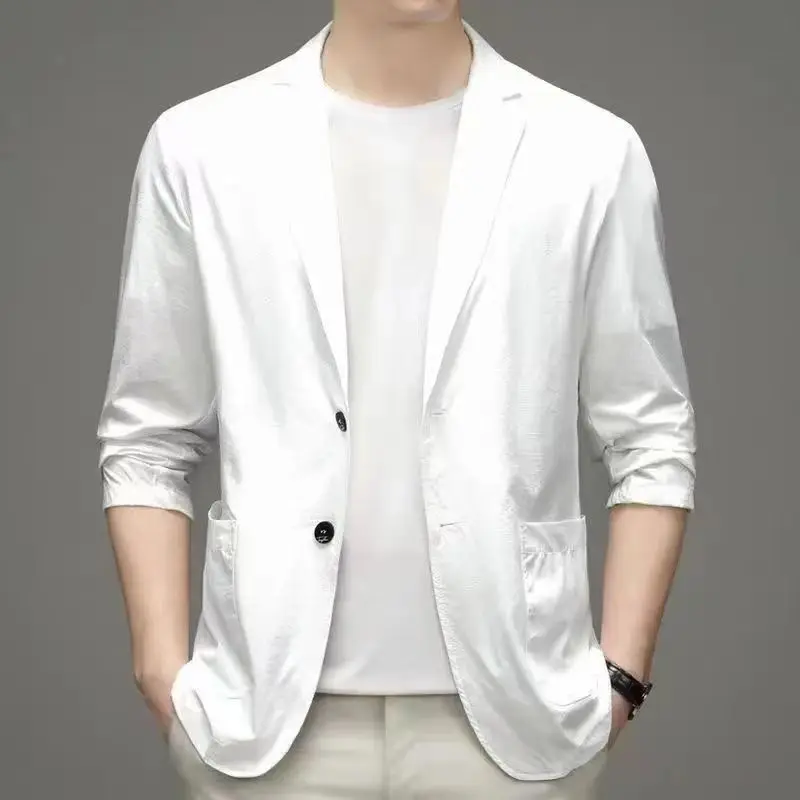 Spring Summer Men Ice Silk Thin Casual Sunscreen Blazer Fashion Casual Male Clothes Long Sleeve Big Size Slim Solid Blazers Coat