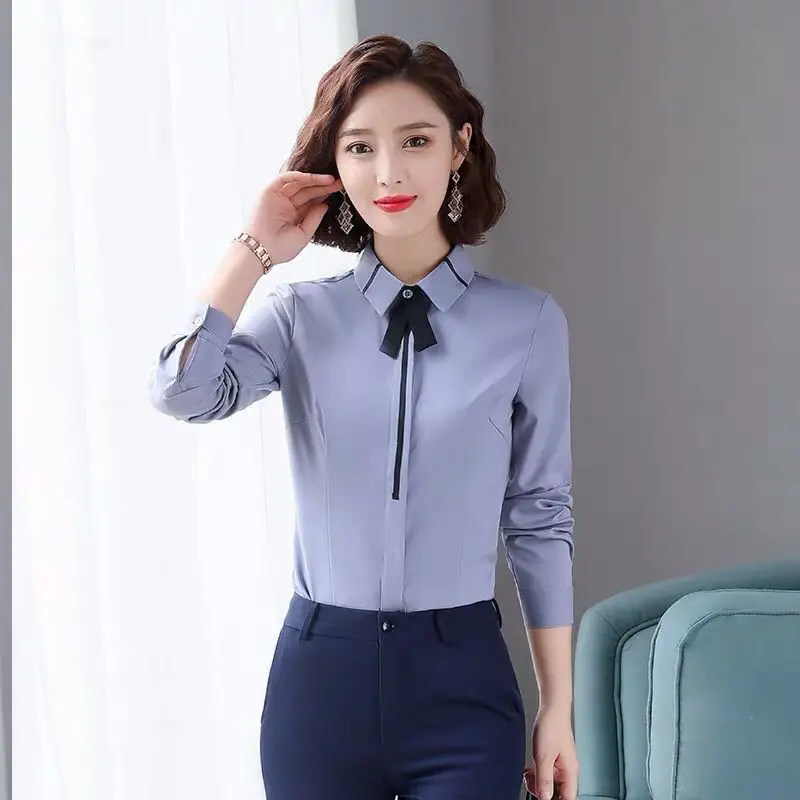 Spring Summer New White Office Slim Blouse Polo Neck Long Sleeve Bow Patchwork Solid Shirt Tops Elegant Fashion Women Clothing