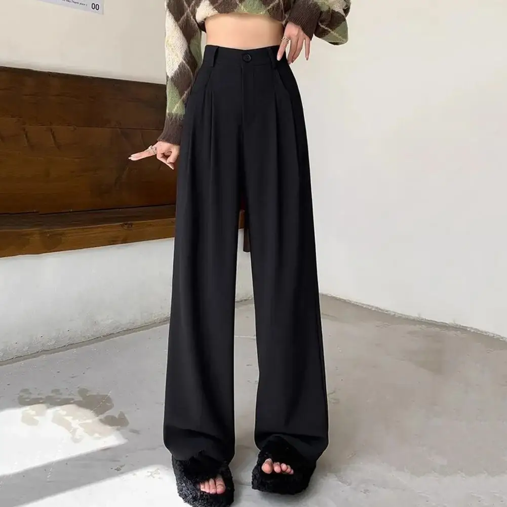 

Button Waist Pants Stylish High Waist Office Lady Trousers with Pockets Solid Color Wide-leg Suit Pants for Women Soft for Work