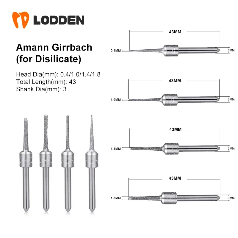 Amann Girrbach Dental Milling Burs For Grinding Dental Lithium Disilicate for CADCAM Coating D3-43-D0.4/1.0/1.4/1.8mm