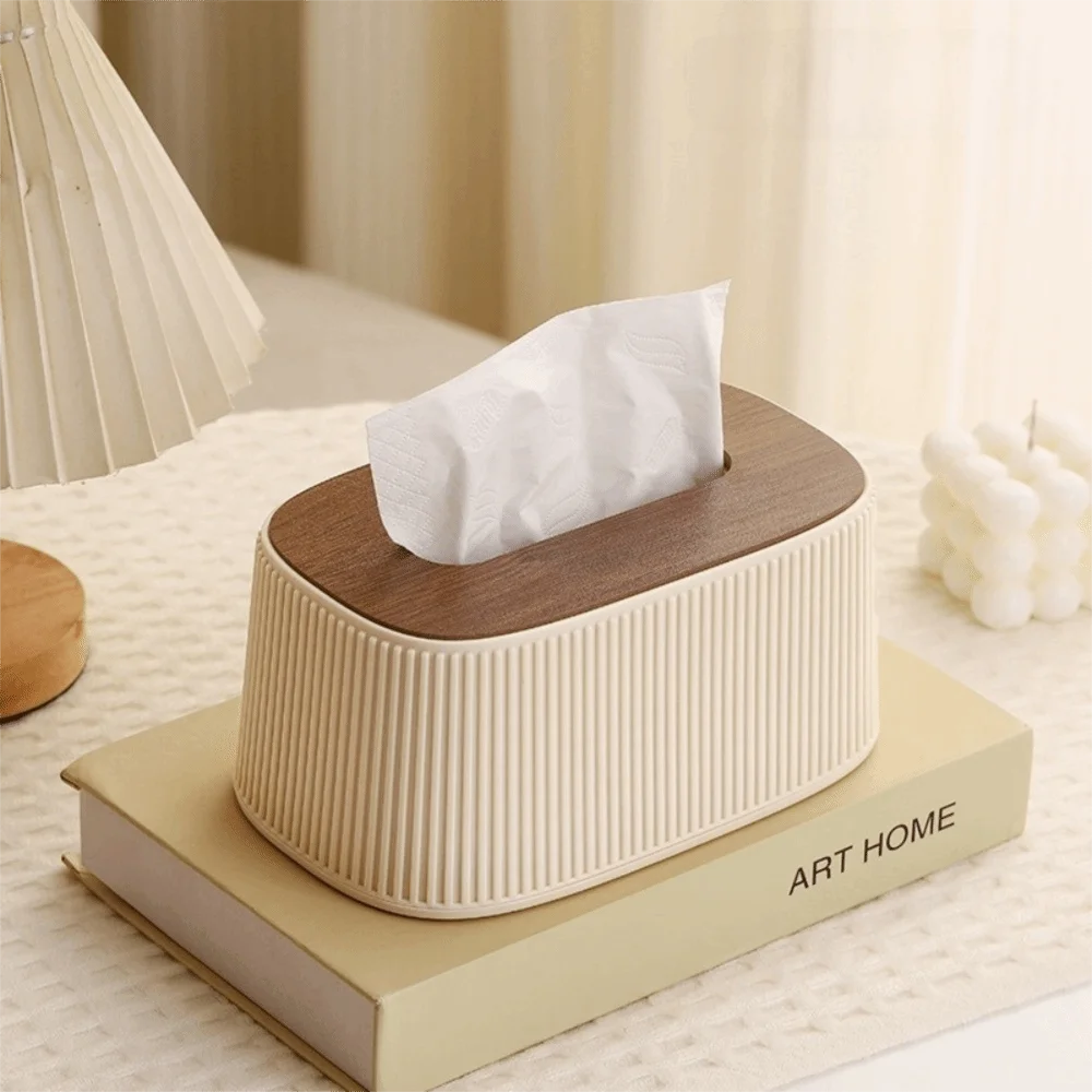 Large Opening Tissue Box With Lid Stripe Pattern Auto Lift Spring Tissue Dispenser Space-saving Square Tissue Box Desktop Use
