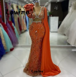 One Shoulder Cape Sleeve Orange Elegant Arabic Evening Dresses 2024 Mermaid Crystals Ruffles Long Prom Dress Wedding Party Dress