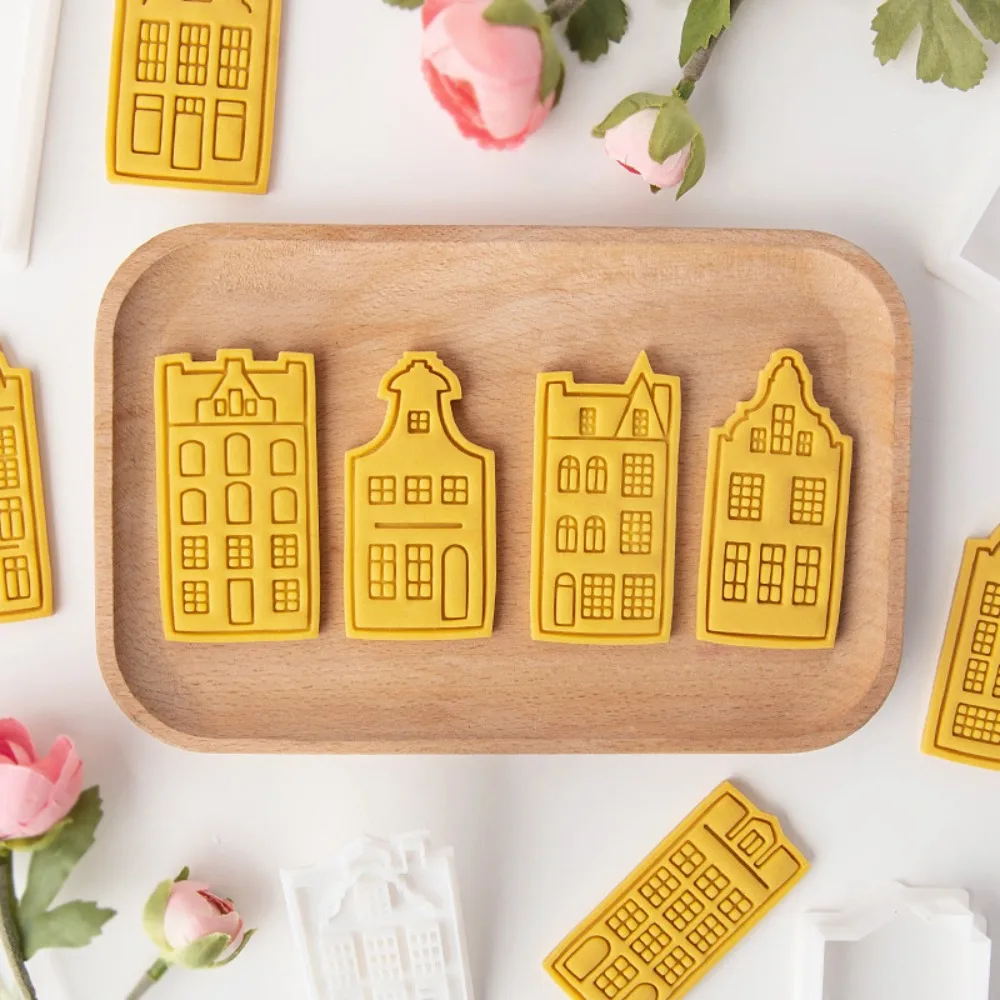 4Pcs Amsterdam House Cookie Cutters European Old Building Fondant Molds 3D Cookie Stamp Baking Tools For Christmas DIY  Cookie