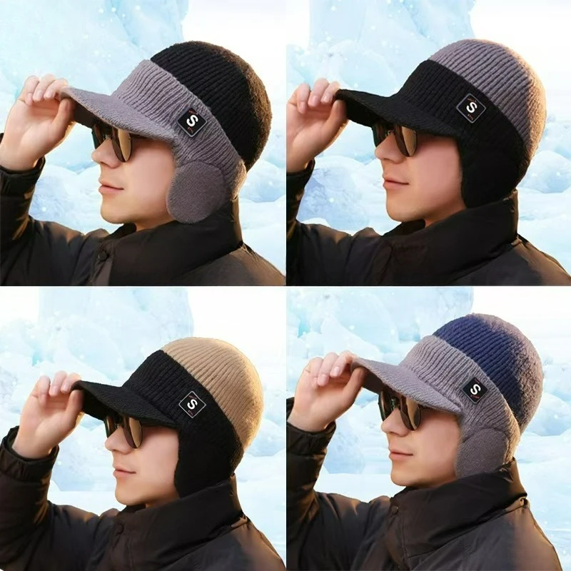 

New Fashion Men's Ear Protection Bonnet Winter Outdoor Riding Warm Fleece Knitted Beanie Gents Imitation Cashmere Hat Male