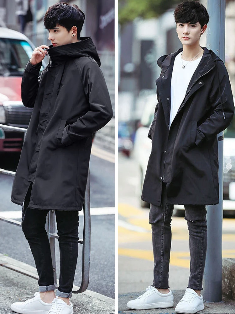 

Spring Autumn Long Trench Coat Men Fashion Hooded Windbreaker Jackets Black Overcoat Casual Jackets Big Size