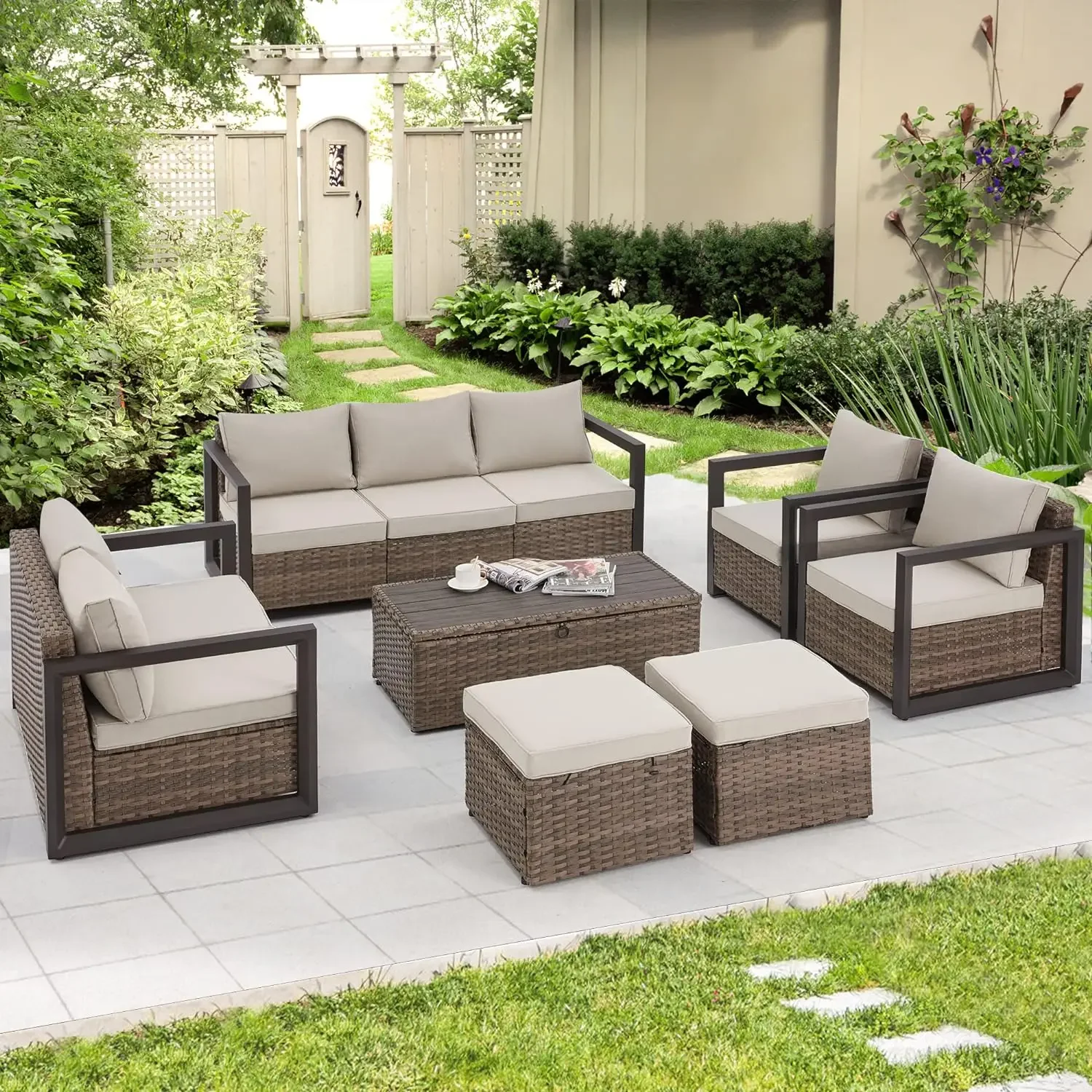 Aluminum Patio Furniture Set, 7 Pieces Outdoor Furniture, PE Rattan Sectional Sofa Set with Storage Table with 2 Ottomans