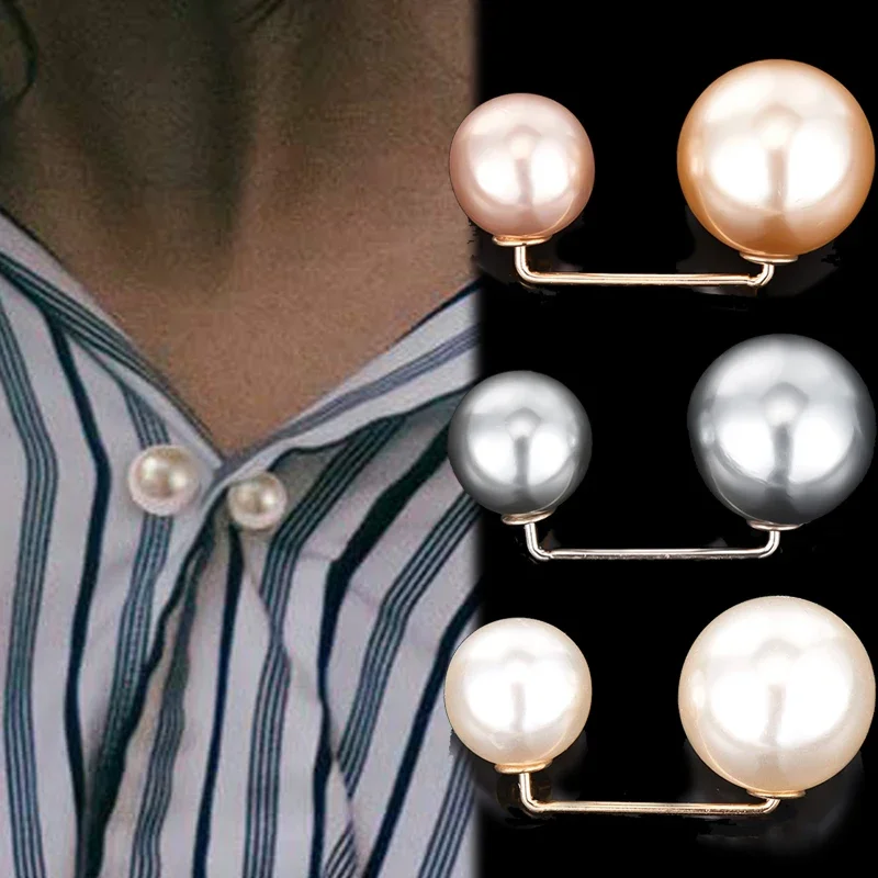 Double Pearl Brooches Shirt Button Pins Anti-fade Exquisite Elegant Brooch Pin  for Women Sweater Coat  Dress Wedding Decoration