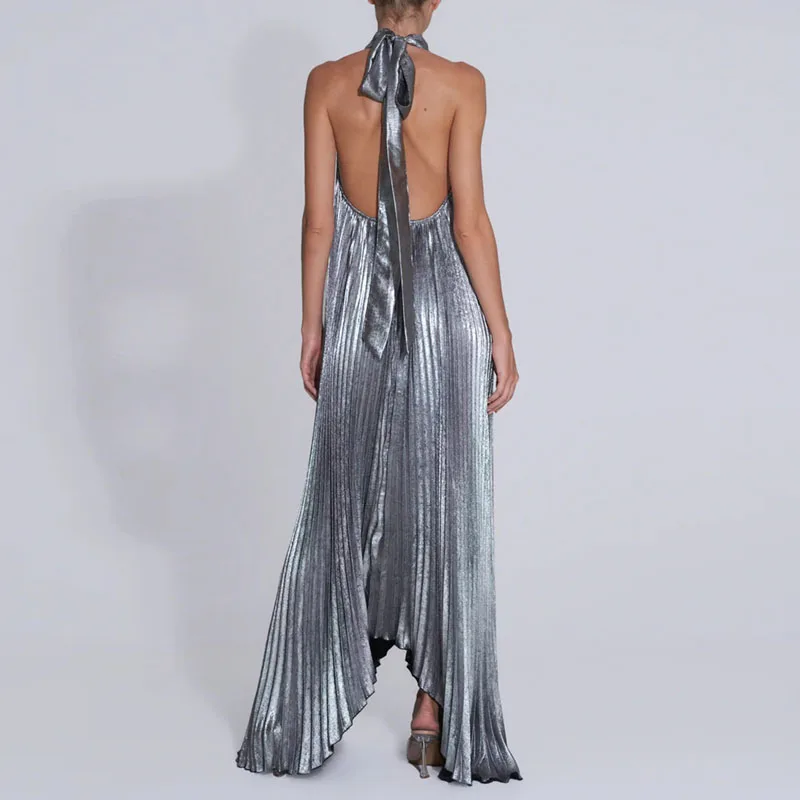 New Fashion Solid Ribbed Pleated Maxi Dress 2025 Spring Hollow Out Lace-up Halter Party Dress Woman Backless Summer Long Dresses