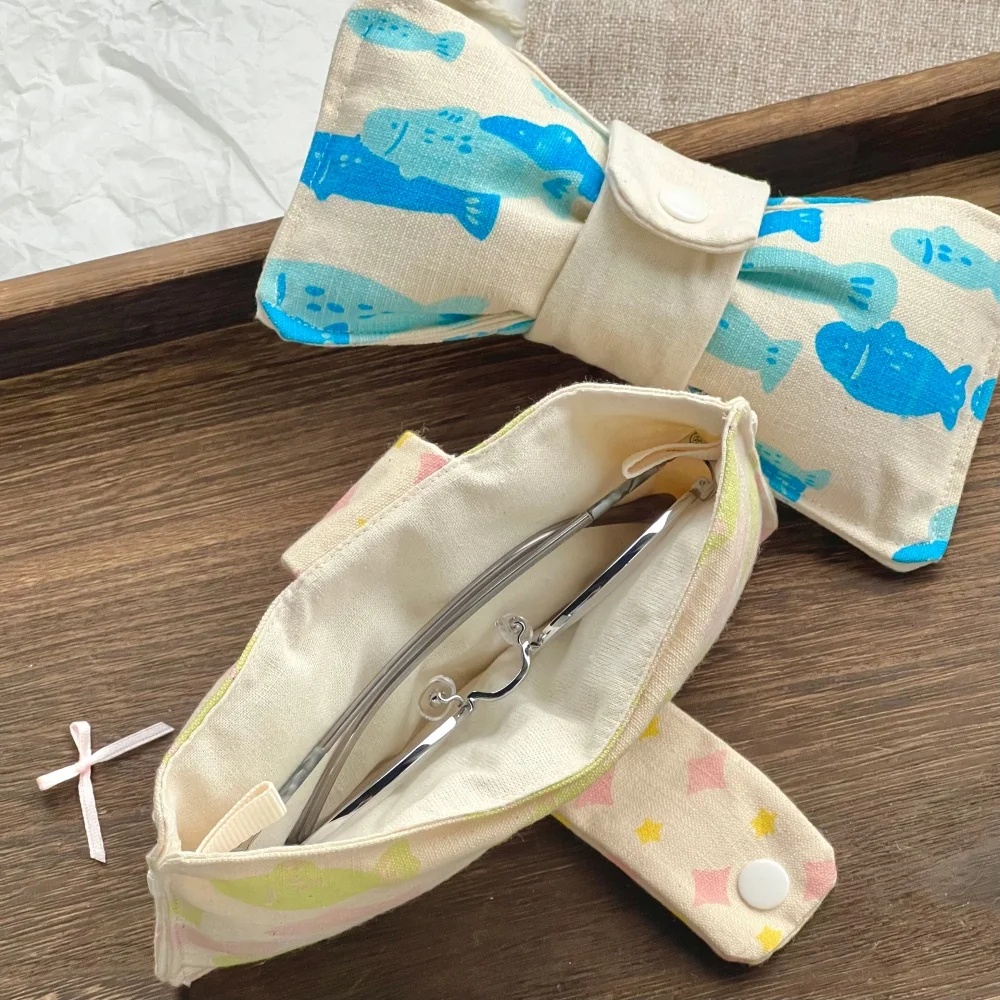 Kawaii Bow Design Fabric Eyewear Case Vintage Linen Fish Pattern Portable Sunglasses Storage Pouch Anti-scratch Glasses Holder