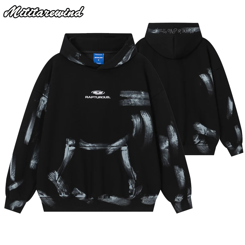 High Street Autumn Winter Hoodies Men Retro Distressed Spray Oversized Hoodies Women Hip Hop Streetwear Couple Pullover Hoodie