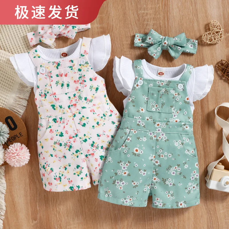 Girls' Sisters' Summer New Cotton Pit Strip Printed Sleeveless Overalls Two-piece Set European and American Cross-border