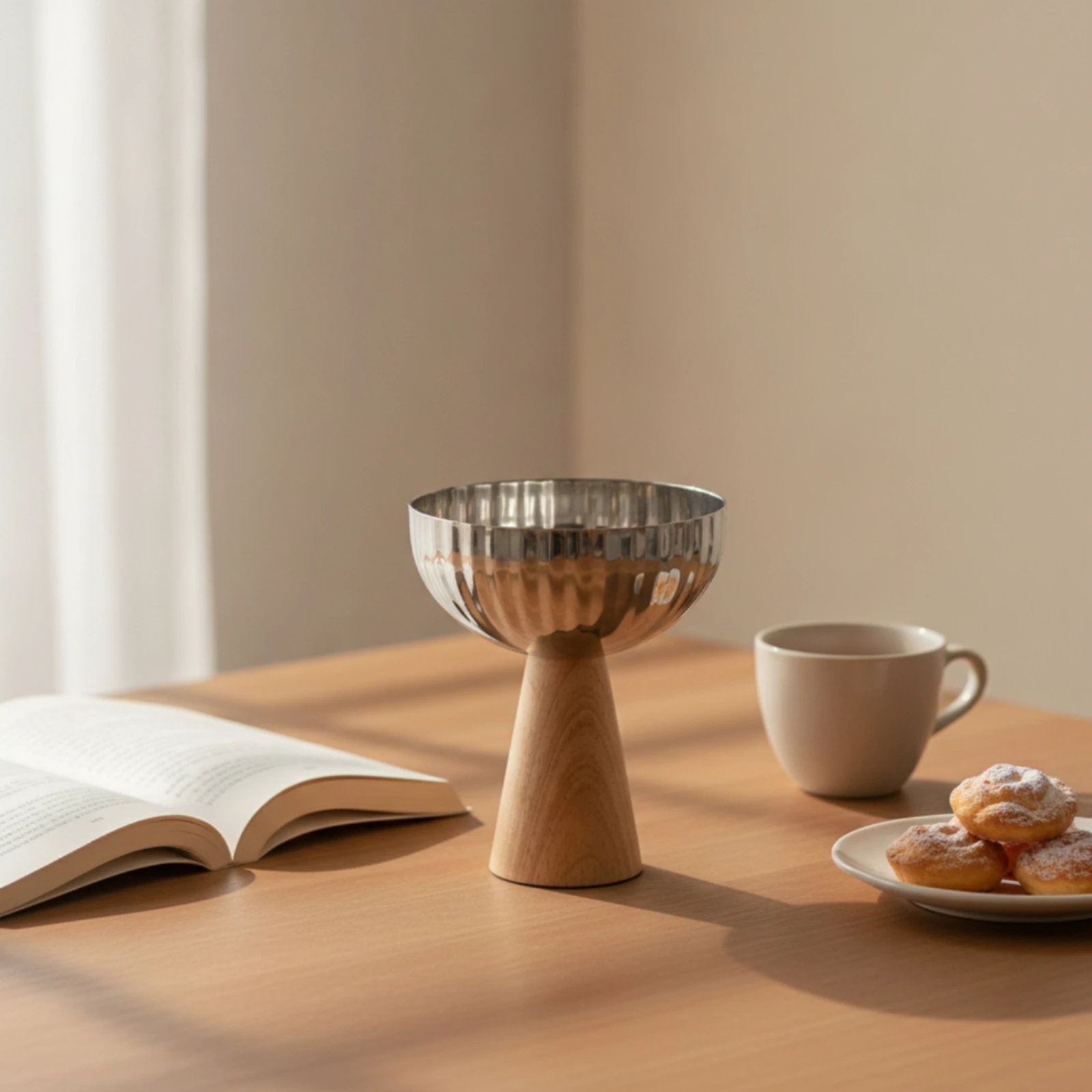 Fruit Bowl with Pedestal Base Stainless Steel Fruit Bowl with Wooden Base Ribbed Reflective for Dining Table, Kitchen Counter