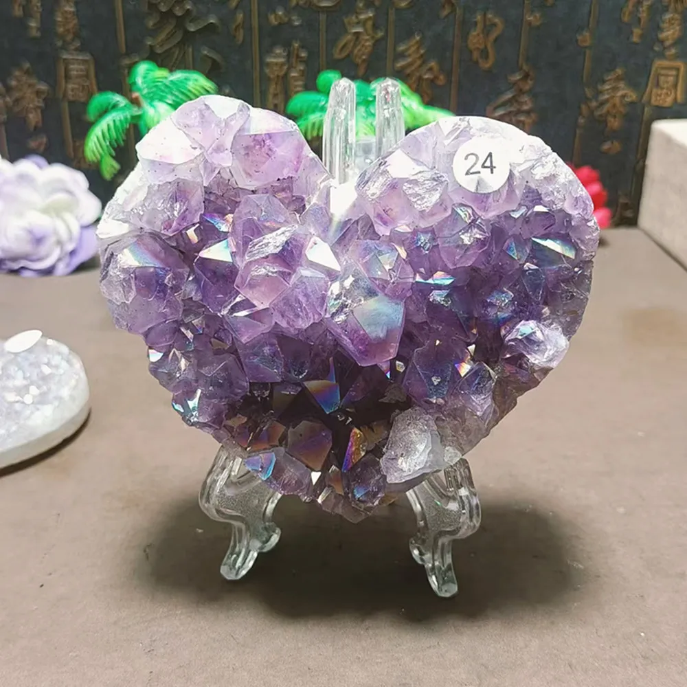 Natural quartz crystal plated multicrystalline cluster heart chakra home decoration