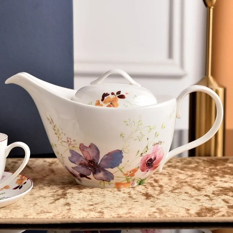 Watercolor Floral Printed Bone China Tea Set Teapot Cups With Saucers Complete Afternoon Tea Kit Dark Gift Box Table Decor Gift
