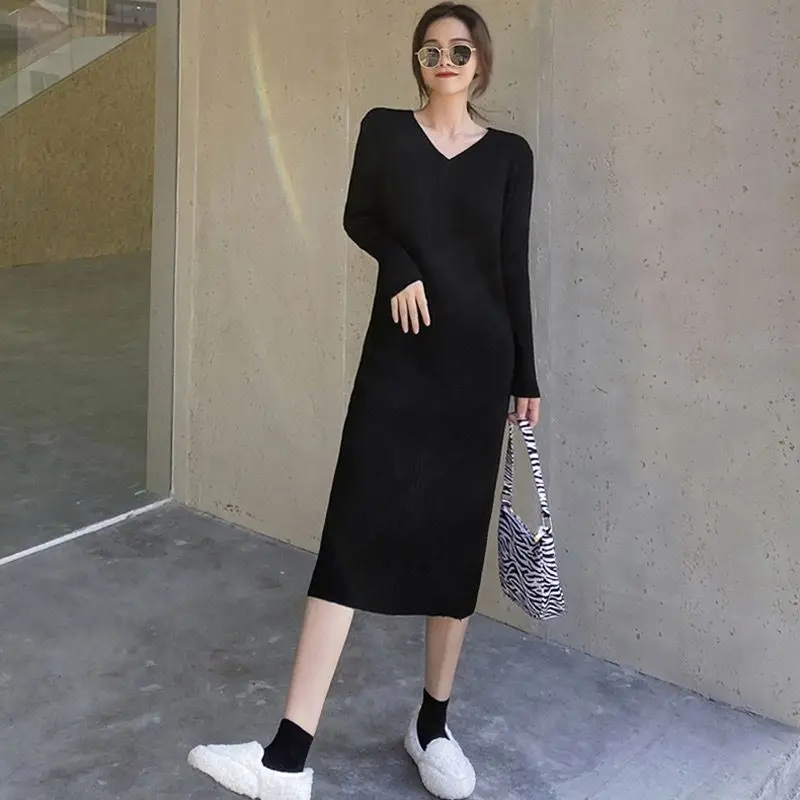 Grey Knit Women's Dresses Black V Neck Clothing Robe Maxi Long Female Dress Crochet Loose Evening Trend Novelty on Promotion E M