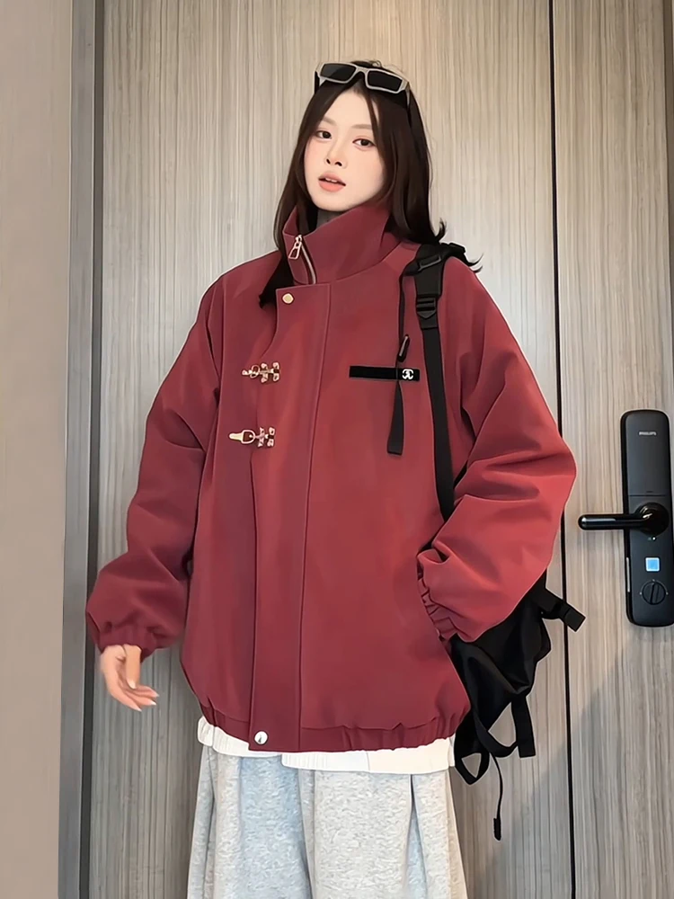 

Red Wine Color Mat Surface Dyed Leather Cotton Jaet Men Women Sle New Chinese Sle Autumn Winter Pilot Jaet Stand Collar