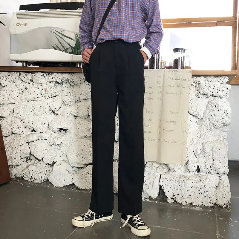 2026 Korean Men's Drape Wide Leg Pants Loose Straight Floor-Length Casual Trousers