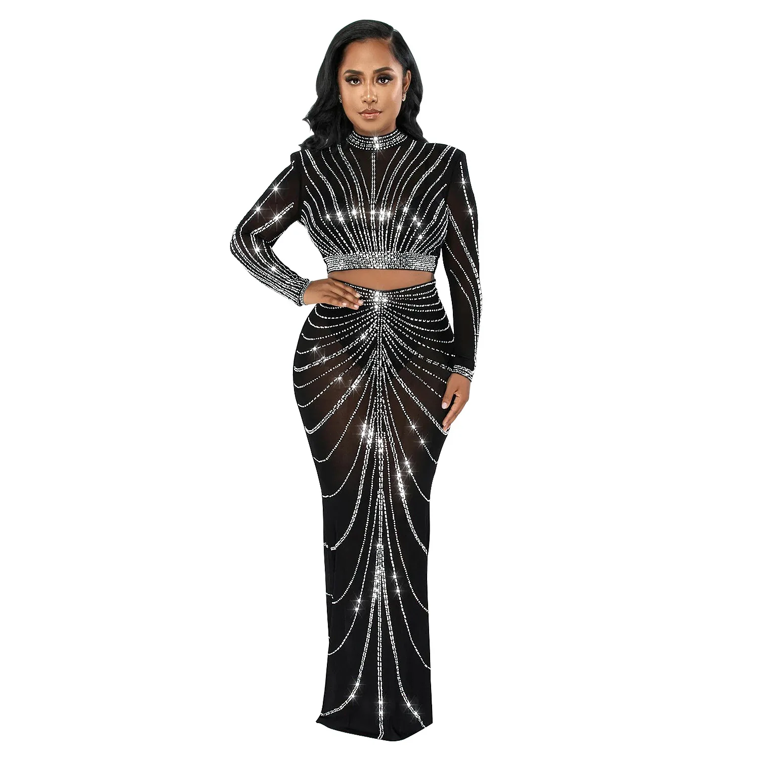 

Sexy See-Through Padded Crystal Trousers Set Trendy Women's Long Sleeve Crew Neck Top and Matching Trousers Set Celebrity