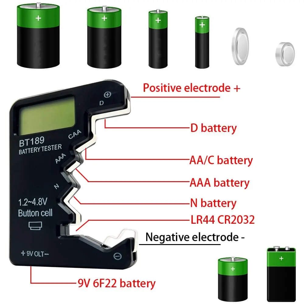 Digital Battery Tester Universal Voltage Checker for AA AAA C D N 9V LR44 CR2032 Button Cell Portable Power Measuring Tool
