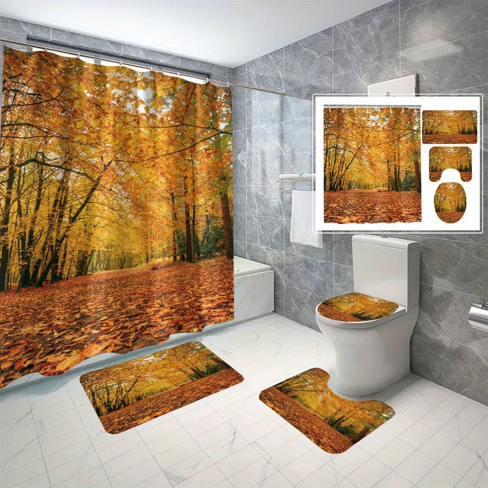 

Набор из 4 предметов: украшение для ванной комнаты с цифровым принтом желтого кленового листа, занавеска для душа, противоскользящий коврик, U-образный коврик, коврик для крышки унитаза