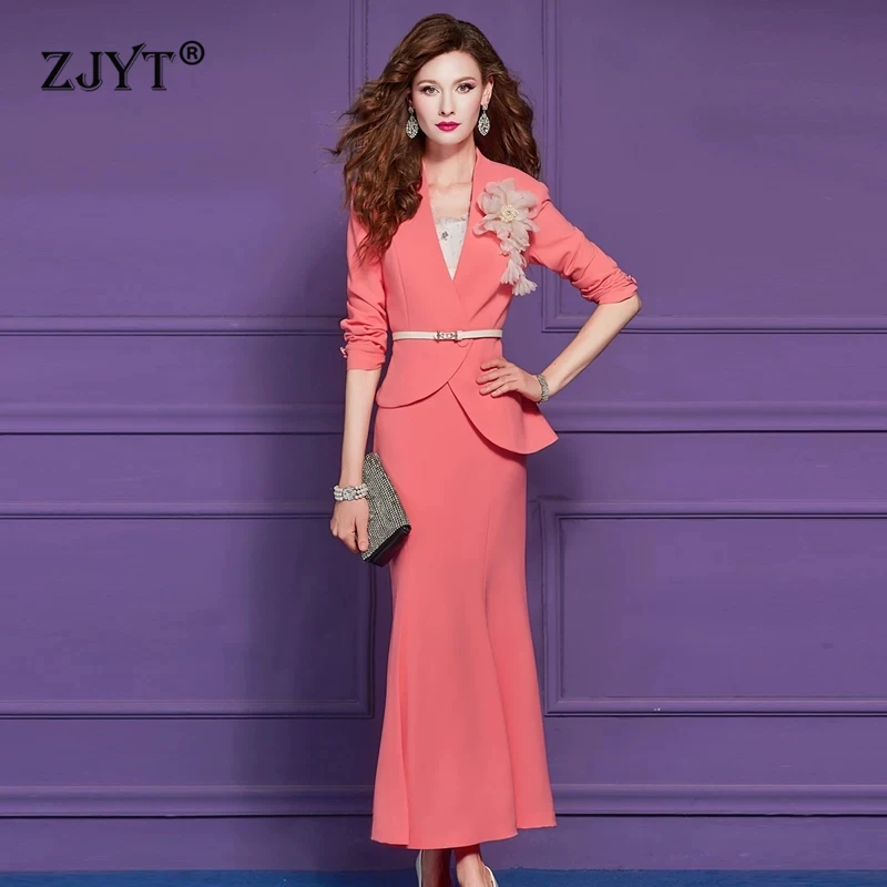 

ZJYT Spring Women's Long Dress Set 2 Piece Elegant 3D Floral Blazer Suit with Skirt Formal Evening Party Outfit Female Lady Pink