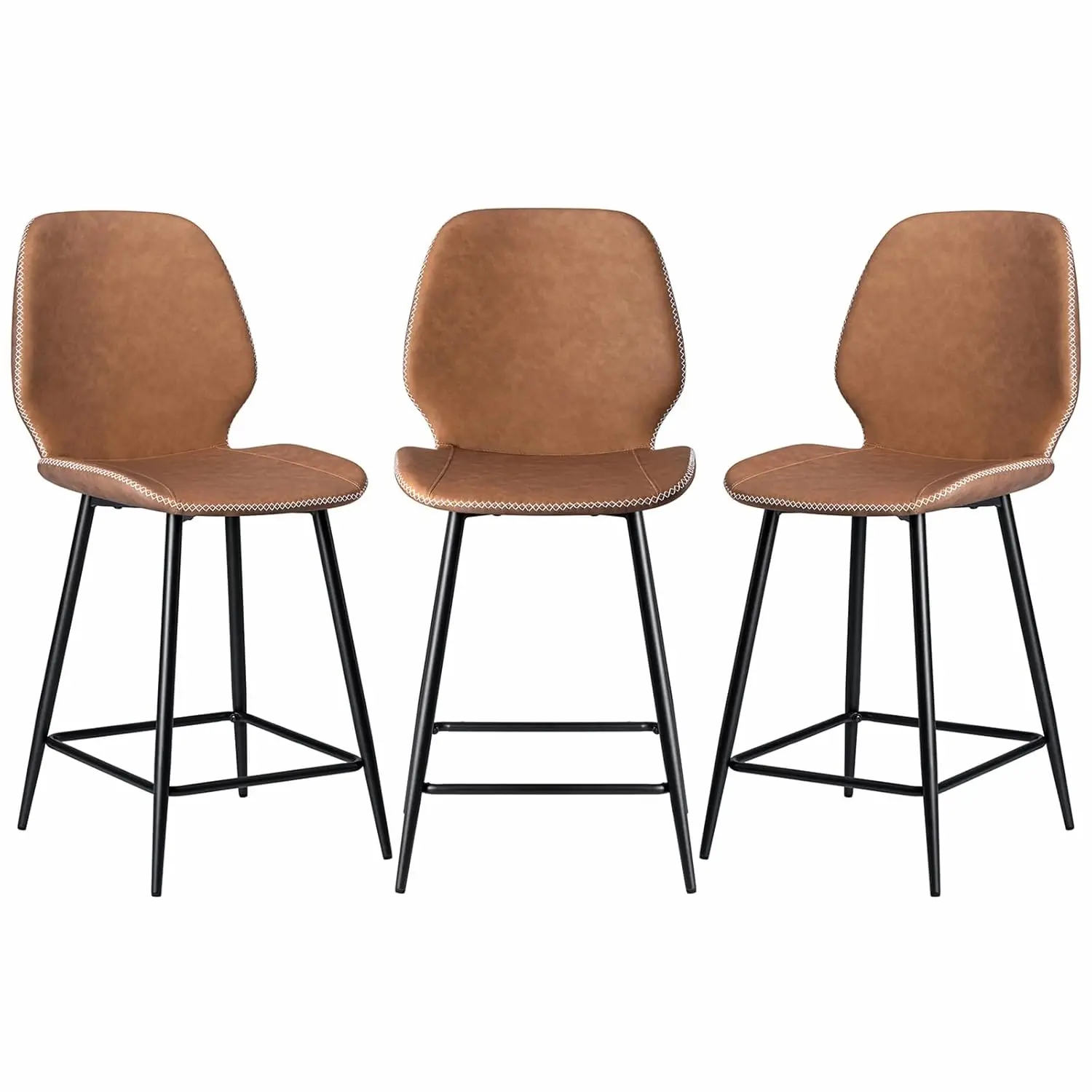 

24-дюймовые барные стулья из искусственной кожи со столешницей, набор из 3 металлических ножек, эргономичная спинка, кухонный остров, домашний коричневый, по индивидуальному заказу