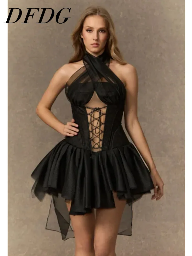 

DFDG Women's Spring Summer Halter Lace Up Cutout Asymmetrical Mini Dress Chic Party Clubwear 2026 Trendy Feminine Fashion Dress
