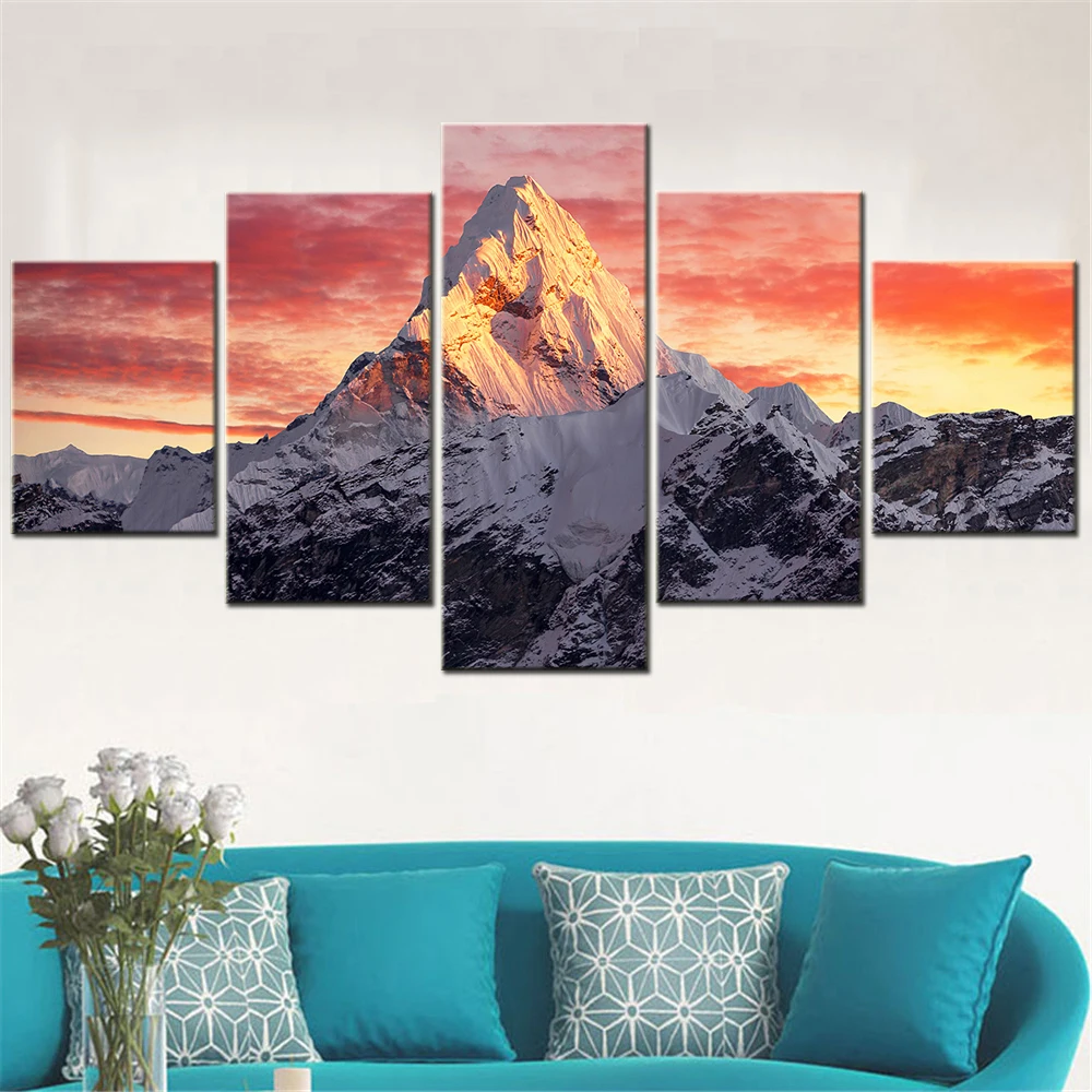 5 Panel Wall Canvas Art Set Aesthetic Room Decor Poster Landscape Snow Mountains Burning Clouds Painting Decoration Salon