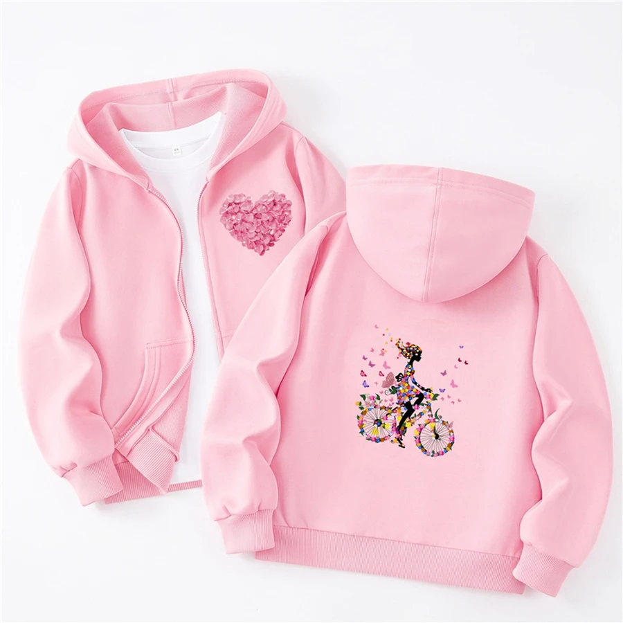 Spring Autumn Girls Fashion Butterfly Girl Print Hooded Sweatshirt Children Zipper Jacket Coats Kids Zip-up Hoodies DCHD1