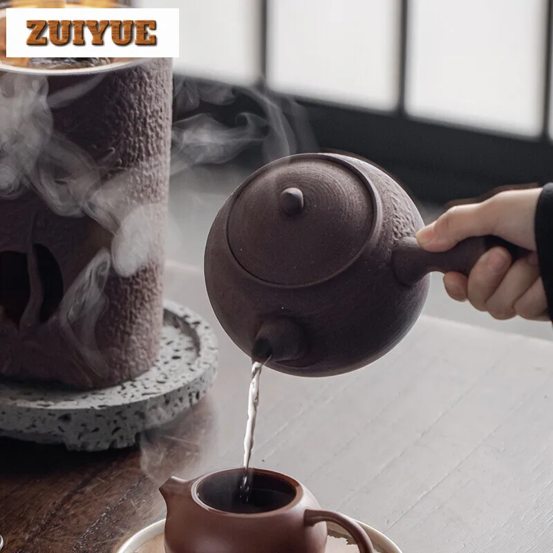 Rock Mud Handmade Tea Warmer Stove Japanese Style Side Handle Pot Warmer Vintage Tea Stove Kettle Stand Tea Ceremony Ornaments