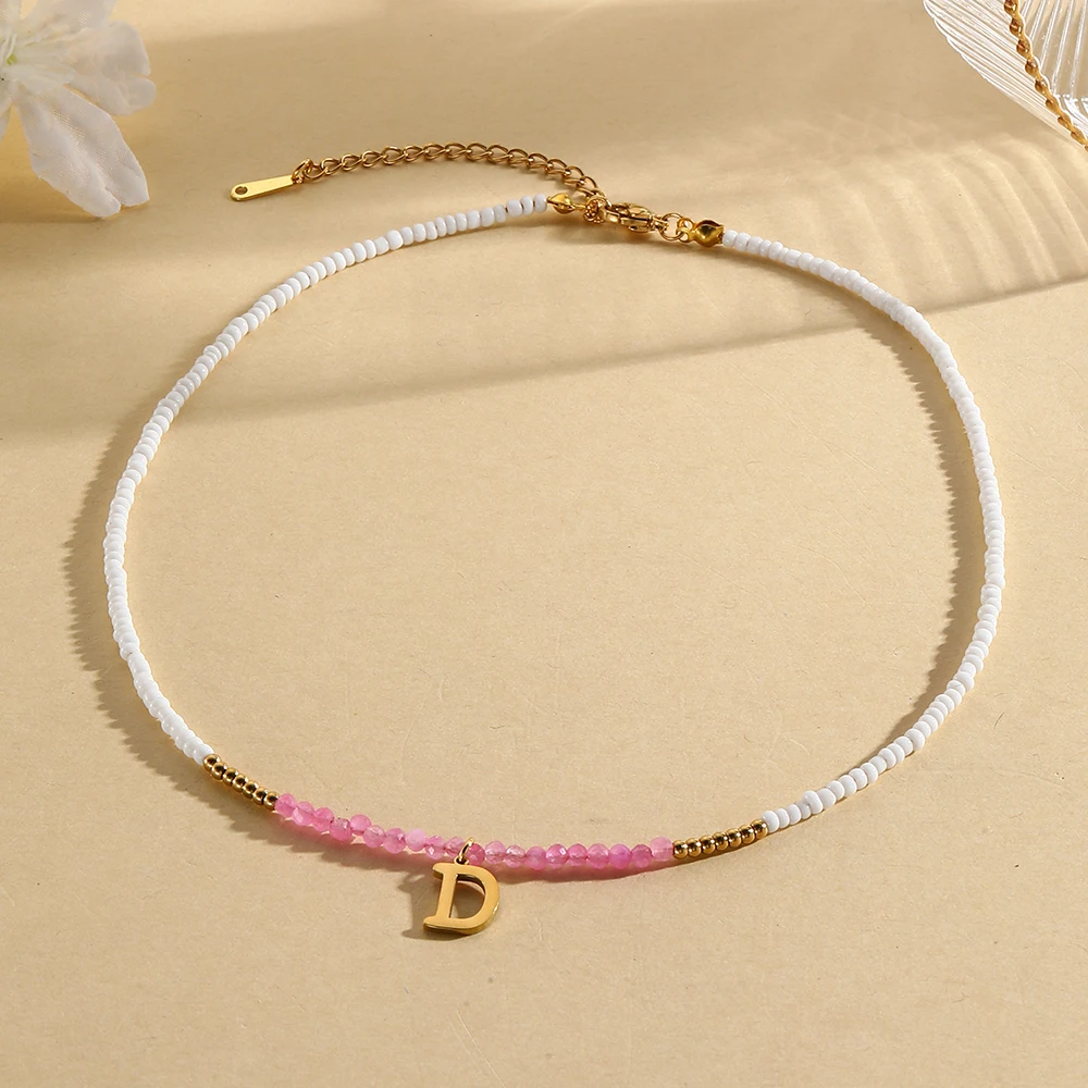Bohemian style 26 letter pendant women\'s white rice bead pink crystal bead necklace fashionable and simple jewelry gift 2025