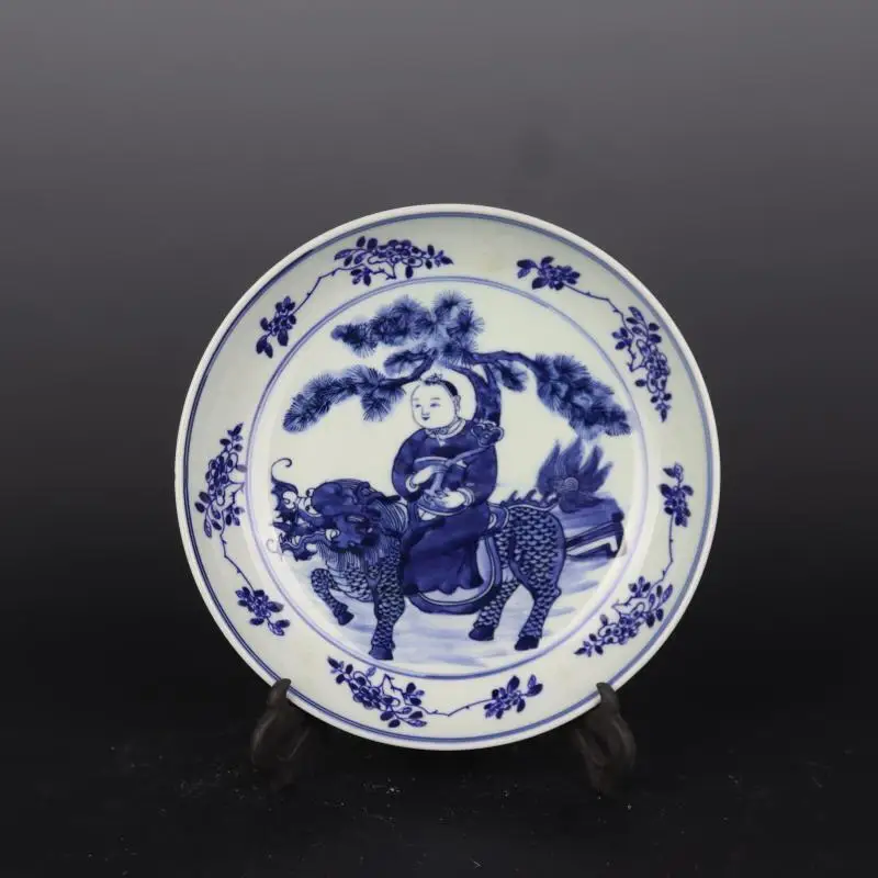 

8.7" China Blue and White Porcelain Child Riding Animal Kylin Grain Plate
