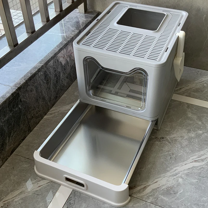

Stainless steel drawer type cat toilet large splash-proof closed anti-take-out dog eating square portable