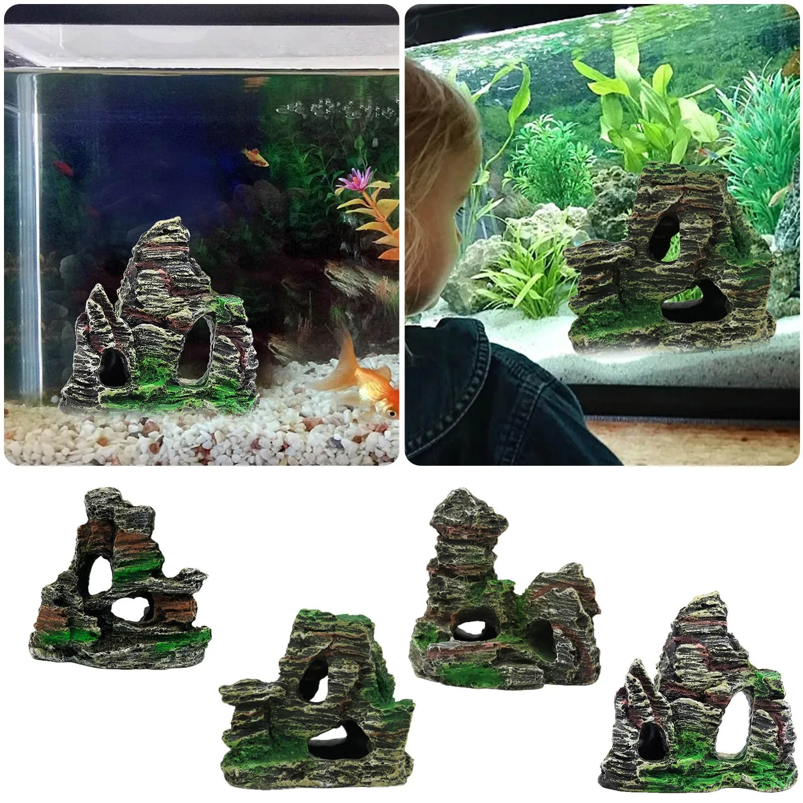 Small Resin Aquarium Fish Tank Mountain View Ornament Decor Rockery Landscape Rock Hiding Cave Tree Home Decoration Accessories