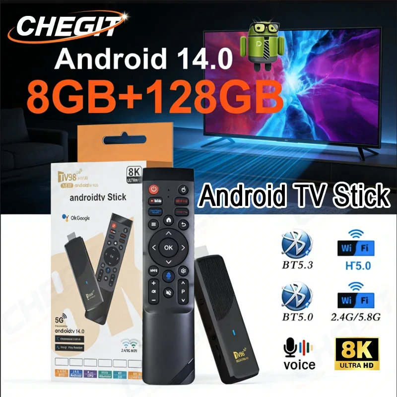 

Android 14 Smart TV98 ATV Stick с поддержкой HD 8K видео, BT5.0, Dual WiFi6, голосовым пультом, H313, 8 ГБ + 128 ГБ для Netflix, YouTube, медиаплеер