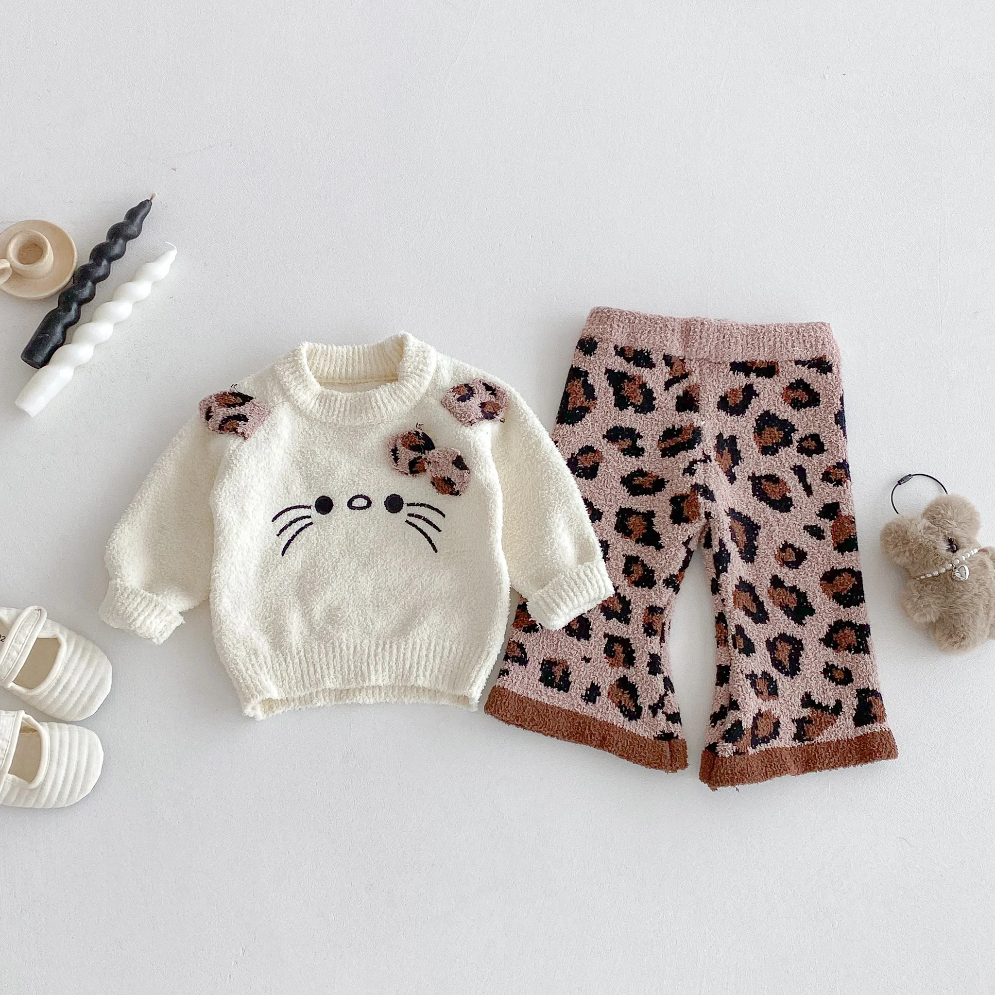 Korean-Style Girls' Trendy Soft Knitted Sweater Set, baby Leopard Print Flared Pants, Fashionable Two-Piece Outfit