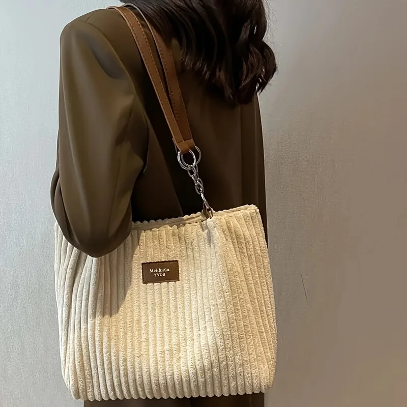 Cord-Einkaufstasche mit großem Fassungsvermögen, Umhängetasche mit Kettenriemen für Damen, Polyesterfutter, Reißverschluss, Schwarz, Beige, Khaki, Grün – Detail 10