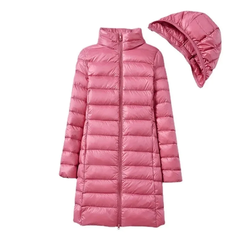 Jaqueta puffer com capuz para mulheres, chapéu destacável, ultra leve, saia longa, plus size 5XL, jaquetas da moda