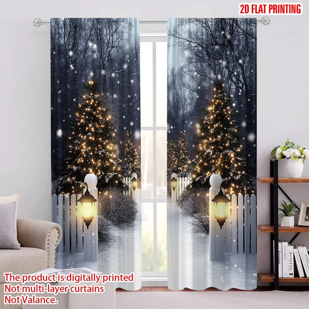 

2Pcs 2D Flat PrintingChristmas Curtains Winter Snowy Forest Pine Tree Let It Snow Suitable For Bedroom Living Room Dining Room