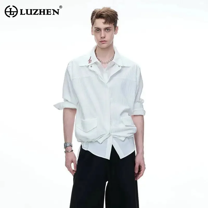 LUZHEN Double 2026 Fake New Layer Long Two Sleeve Piece Design Embroidery Neck Long Sleeve Shirt Men's Trendy Casual Tops JY8845