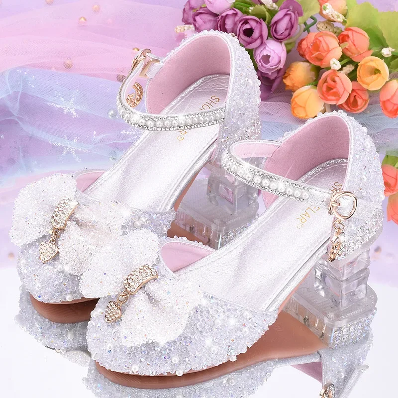 Girls\' Princess Shoes Soft Sole Children\'s White Leather Shoes Girls\' Show Performance Pearl Crystal High Heels