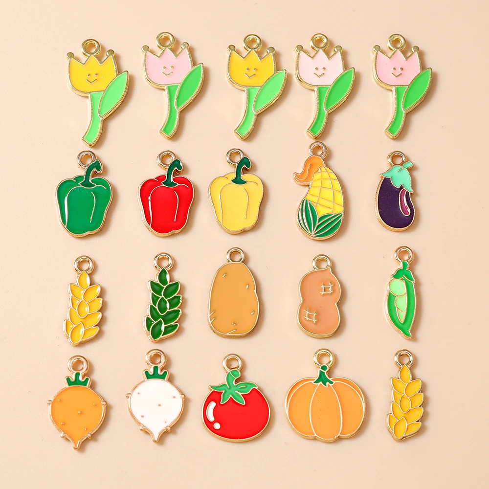 Leslie 10pcs Cute Enamel Vegetables Fruits Pea Corn Pepper Pumpkin Tomato Charms for Bracelet Necklace DIY Jewelry Making Craft