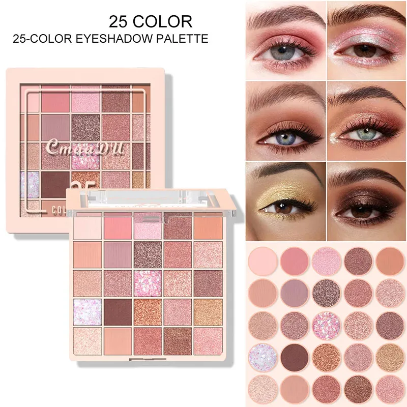 Paleta de sombra de ojos de 25 colores, Color marrón melocotón, brillo mate, paleta de maquillaje de ojos diaria, sombra de ojos nacarada brillante resistente al agua