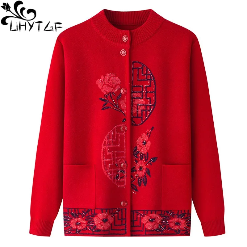 

UHYTGF Middle Aged Elderly Mom Coat Cardigan Sweater Women's Knitwears Casual Warm Autumn Winter Sweaters Jacket Female 5XL 2284