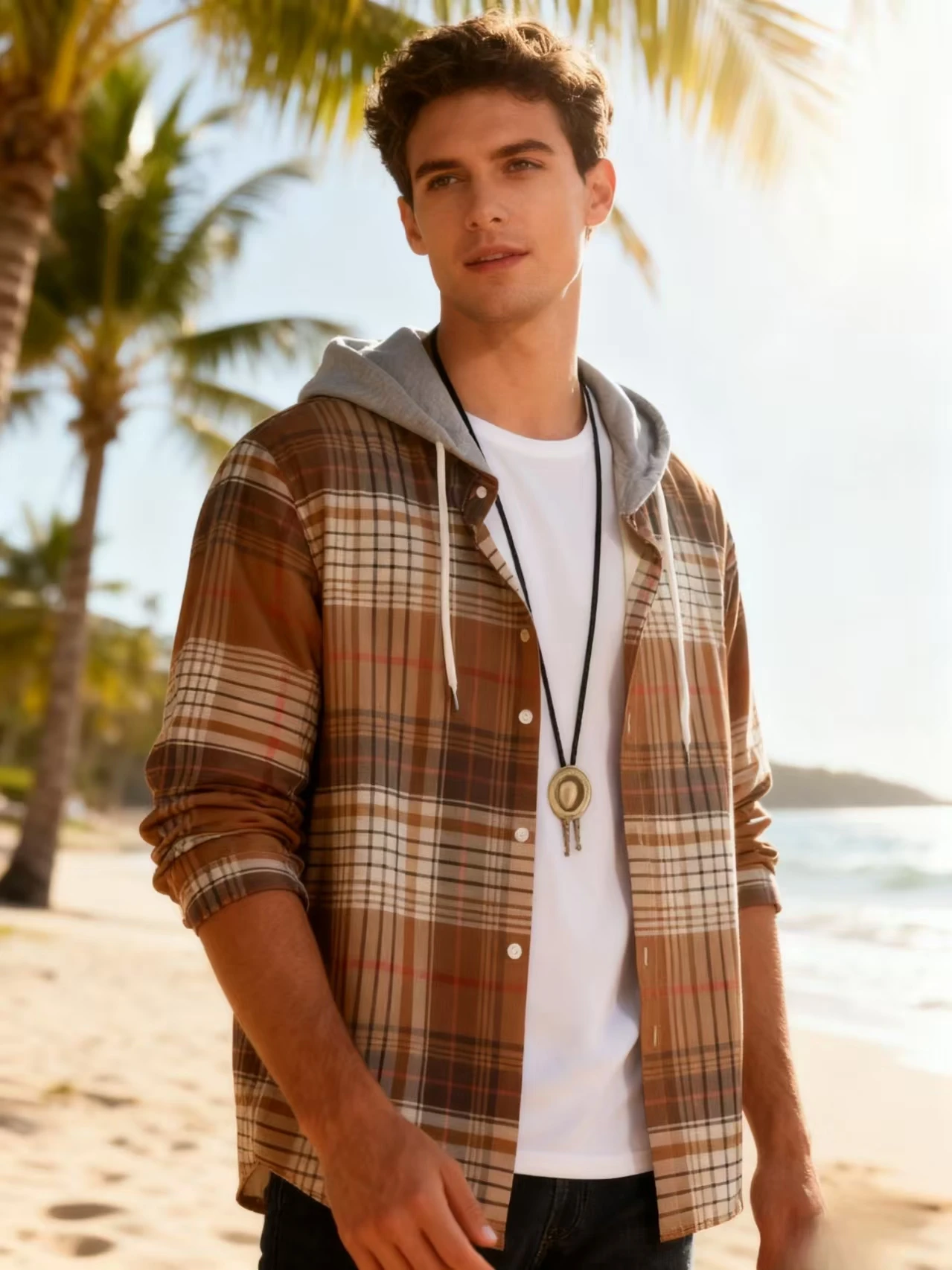 プリント柄のメンズ春秋長袖ボタンダウンシャツ