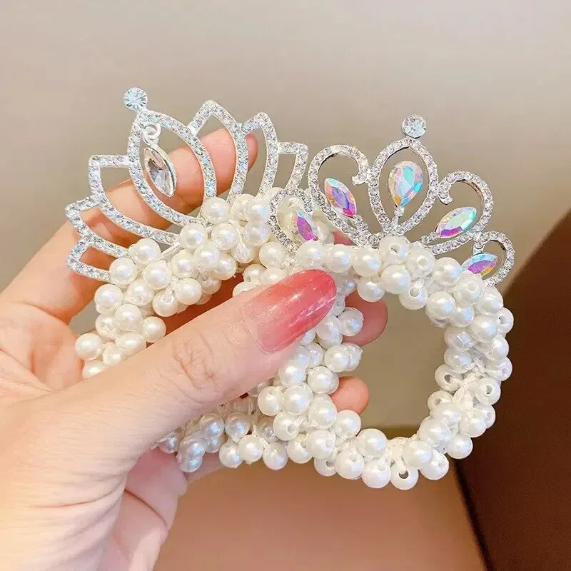 2pcs Hair Accessories Crown Headdress Female Children Tie Hair Leather Strap Princess Headband Marble Head Little Girl Pearl