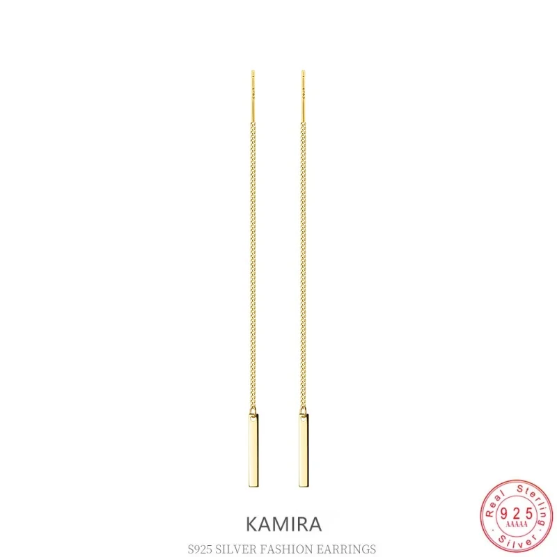 KAMIRA 925 Sterling Silver Long Bar Threader Earrings For Women Minimalist Vertical Strip Chain Drop Ear Line Fine Jewelry Gift
