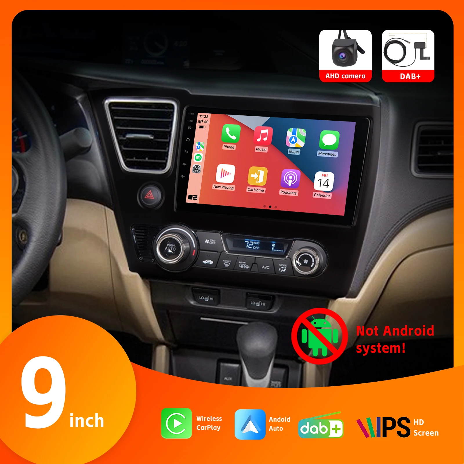 

9" Car Radio with IPS Touch Screen SWC DAB+ BT DSP Wireless Carplay AHD Rear View Camera Android Auto for Honda Civic 2013-2017